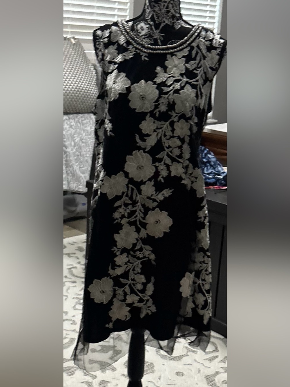SD Collection Black Dress with White Floral Embroidery and Pearl Collar Detail